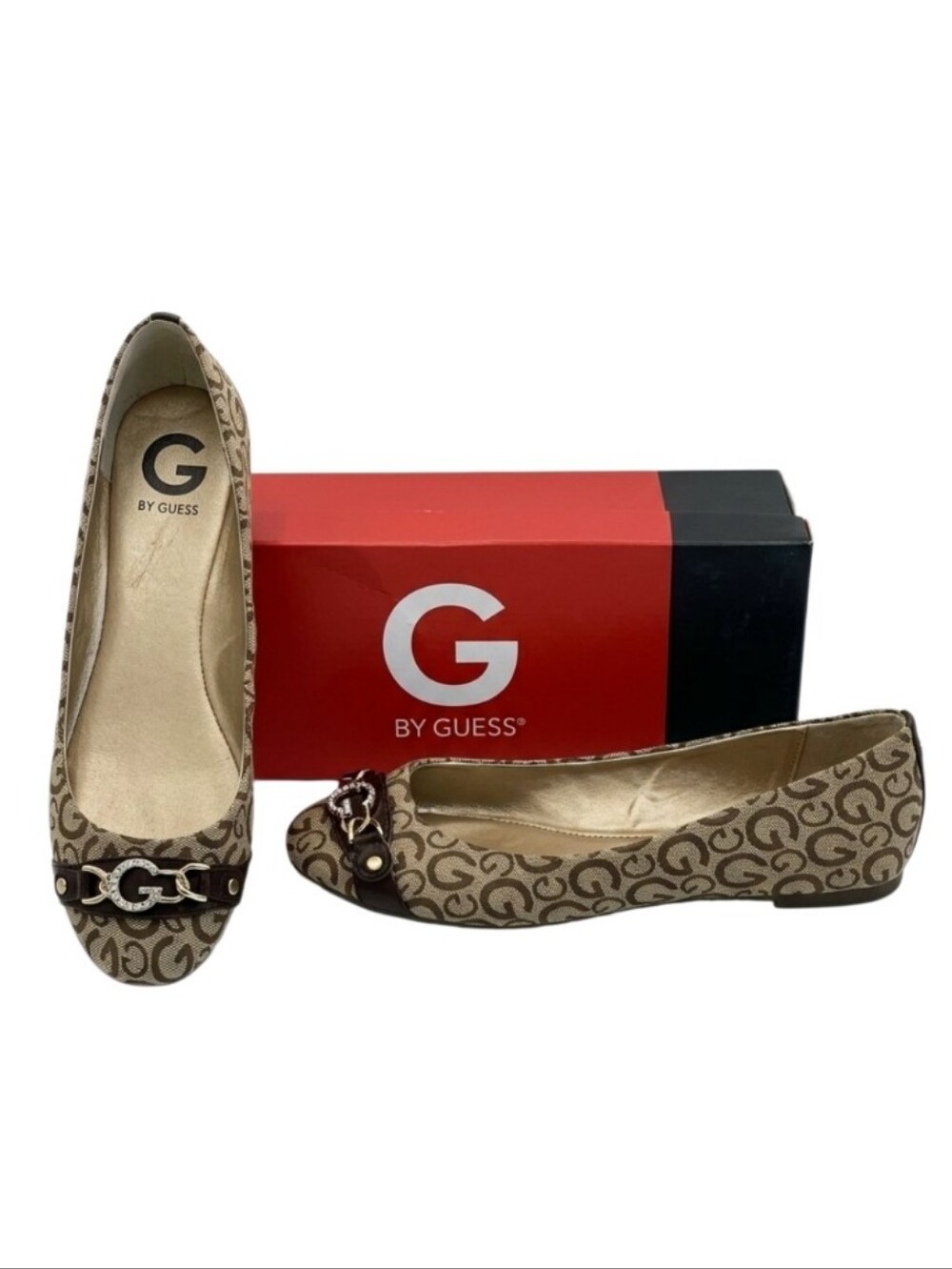 G by GUESS Flynn Ballet Flat Fabric Logo G Jeweled Charm Buckle Strap Slip On
